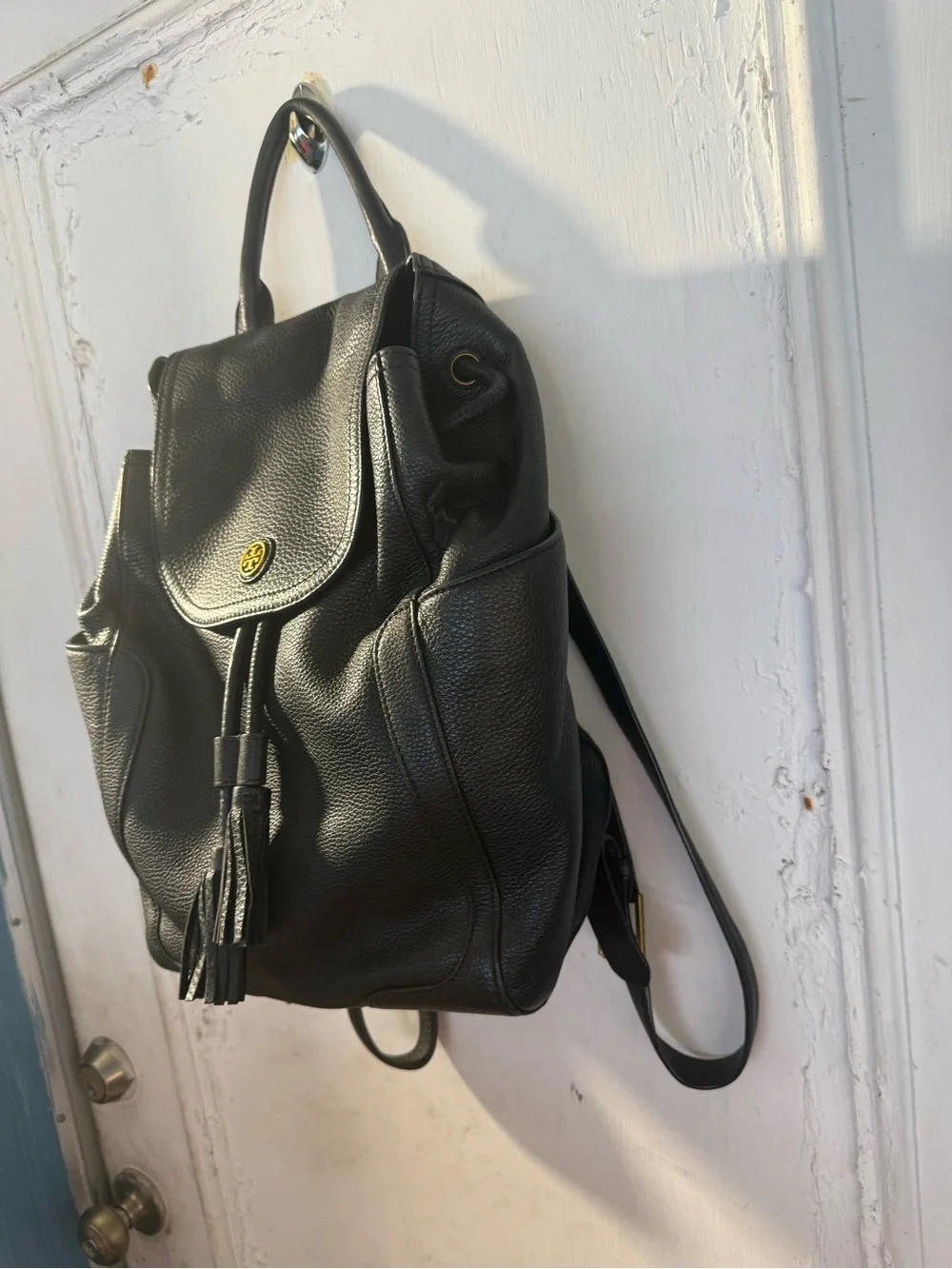 Tory Burch Black Pebbled Leather Drawstring Backpack with Tassels